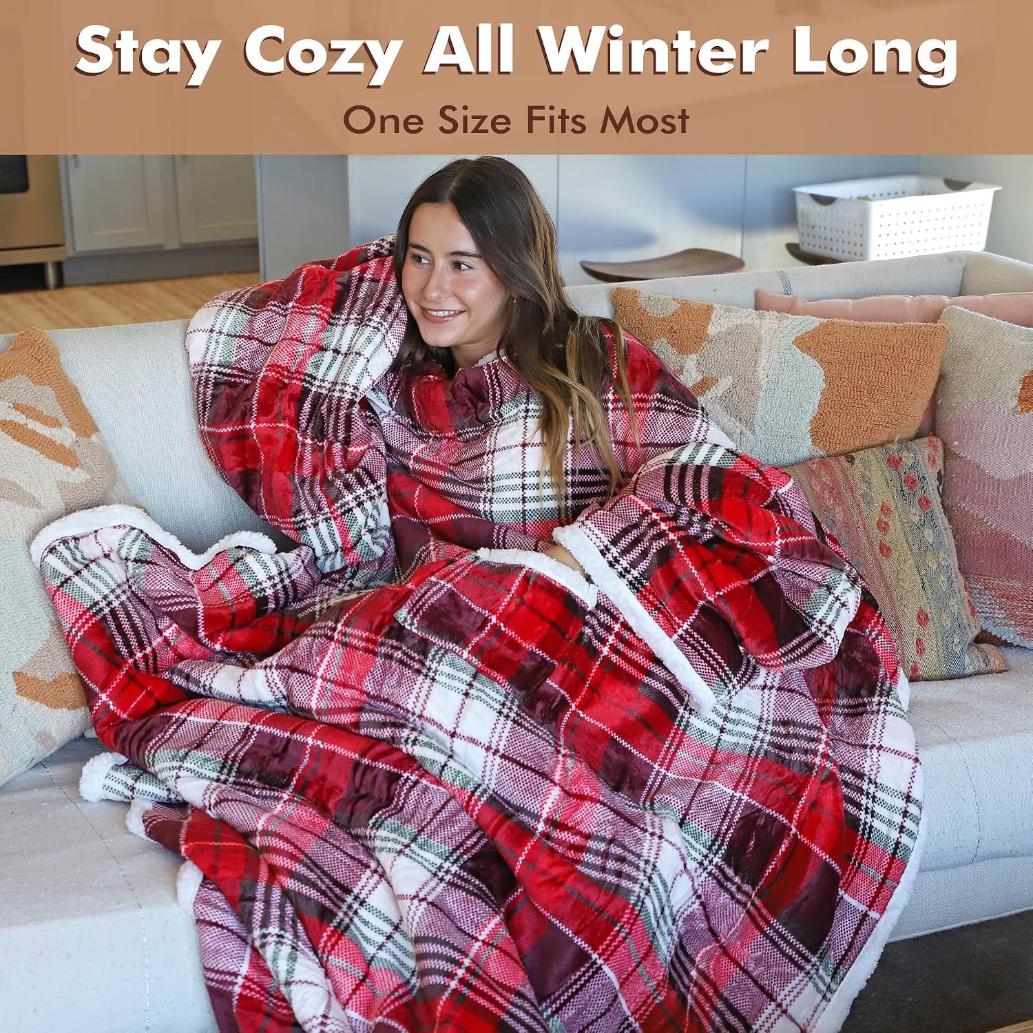 Sherpa Wearable Blanket with Sleeves, Full Body Throw Reading Wrap TV Blankets