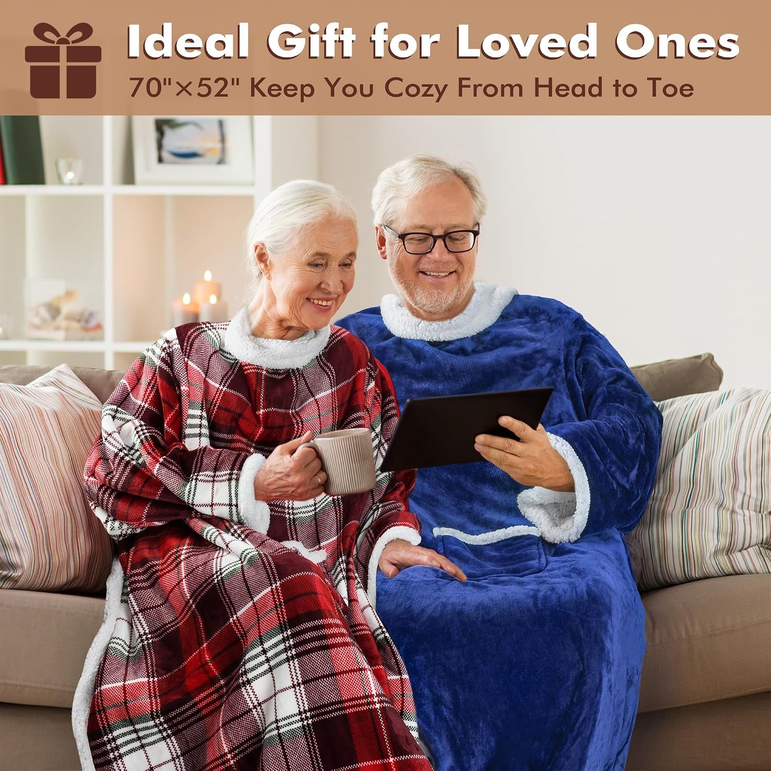 Sherpa Wearable Blanket with Sleeves, Full Body Throw Reading Wrap TV Blankets