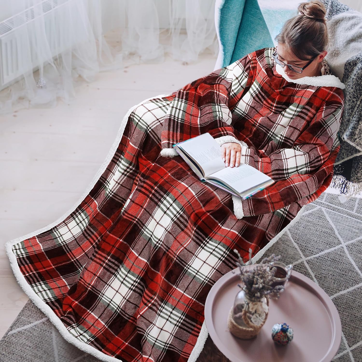 Sherpa Wearable Blanket with Sleeves, Full Body Throw Reading Wrap TV Blankets